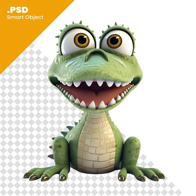 Ilustración procesada en 3d de un personaje de dibujos animados de cocodrilo aislado en una plantilla psd de fondo blanco