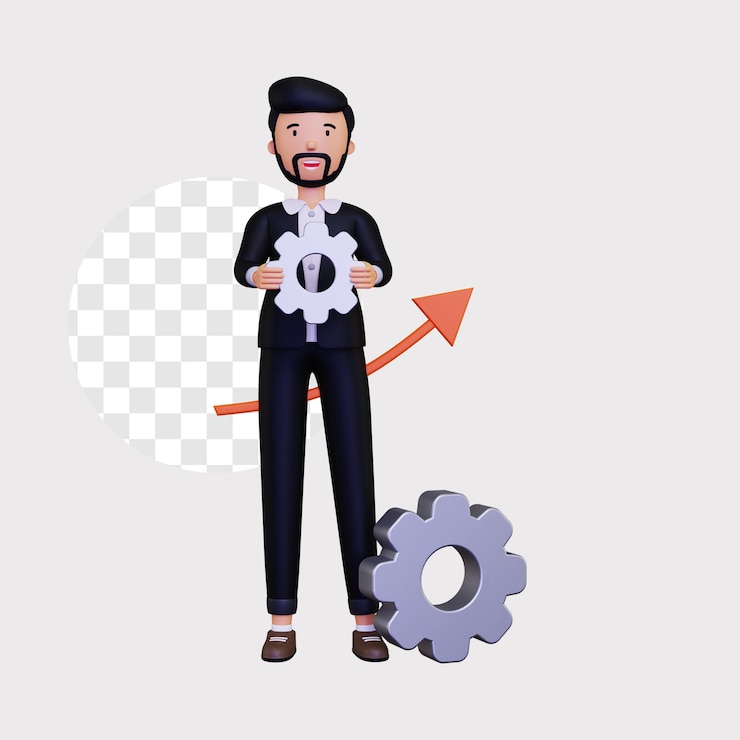 PSD ilustración de progreso 3d con un personaje de hombre de negocios masculino que sostiene el engranaje