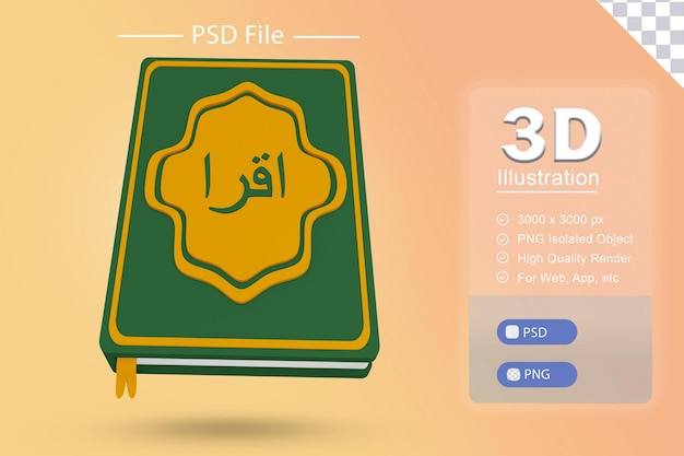 Ilustración PSD 3D del Ramadán islámico con el icono de representación del Sagrado Corán en un recorte aislado