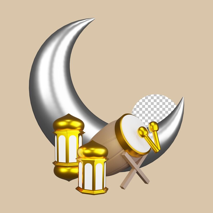 Ilustración de PSD concepto de luna, lámpara, linterna y tambor islámico con renderizado 3d