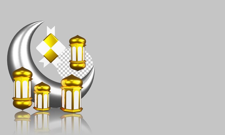 Ilustración de PSD diseño de luna, lámpara, linterna y tambor plateado ramadán islámico con renderizado 3d