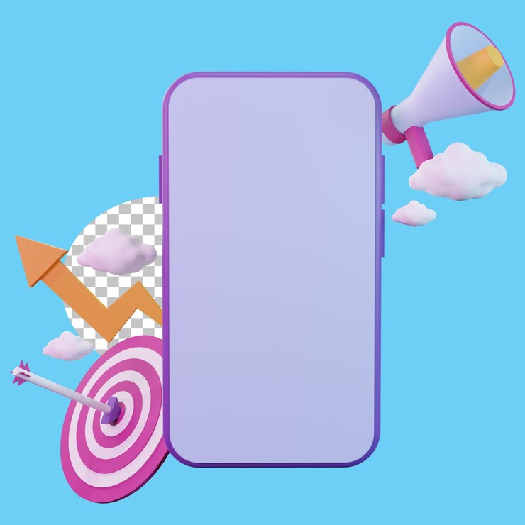 Ilustración de PSD marketing 3d con teléfono inteligente, megáfono, negocio gráfico, objetivo y flecha