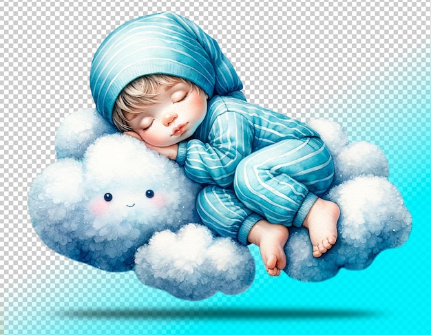 Ilustración de psd de un niño pequeño durmiendo en una nube sobre un fondo transparente