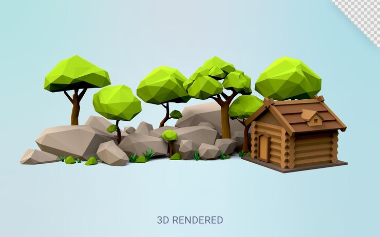 Ilustración de pueblo 3d poligonal baja entorno rural baja poli