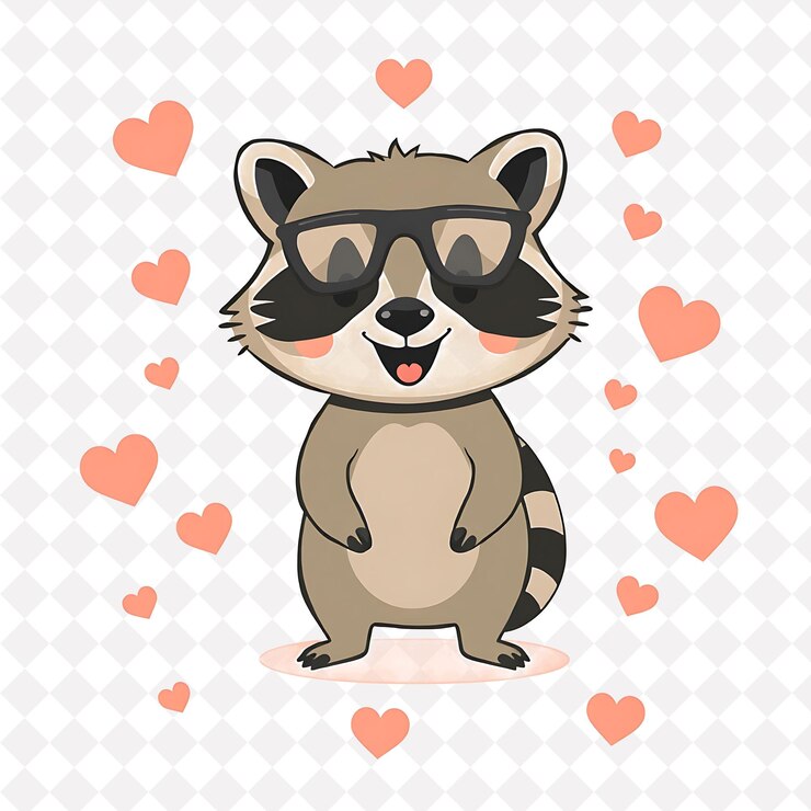 PSD ilustración raccoon alegre con formas de máscara de bandido esparcidas por el fondo pastel oscuro