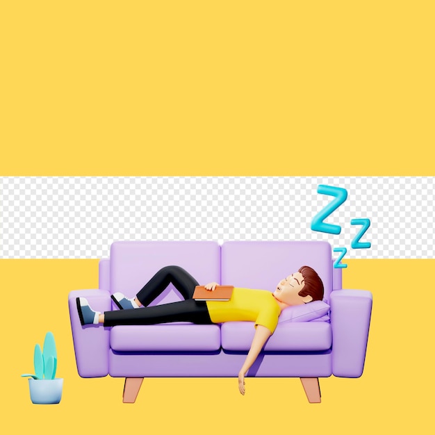 Ilustración raster de un hombre durmiendo en el sofá Un joven con una camiseta amarilla se quedó dormido mientras leía un libro La letra de sueño Z flor en una olla obra de arte en 3D para negocios y publicidad