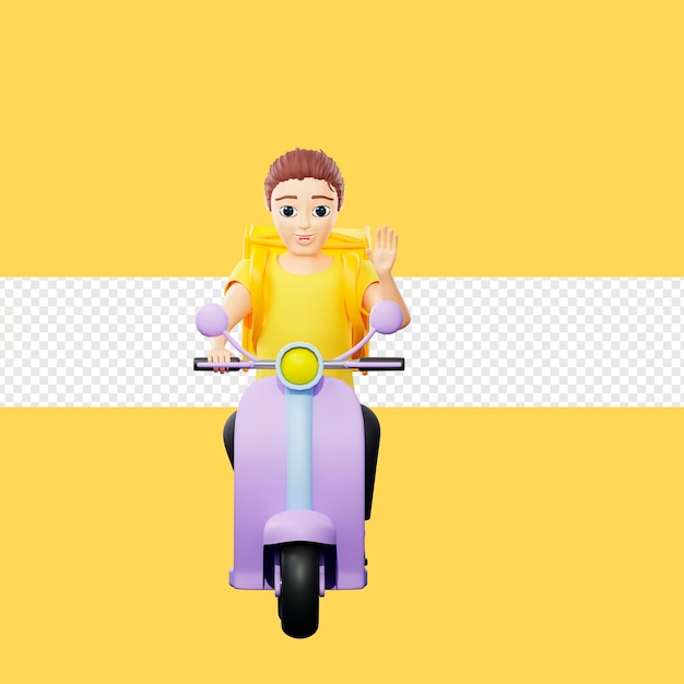 Ilustración rasterizada de un hombre montando una scooter y saludando con la mano Un joven con una camiseta amarilla monta una motocicleta entrega transporte velocidad reglas de tráfico obras de arte en 3d para negocios y publicidad