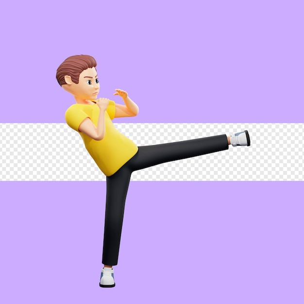 Ilustración rasterizada de un hombre con una pierna levantada Un joven con una camiseta amarilla patea patada baja patada alta taekwondo kung fu karate lucha de artes marciales mixtas ilustraciones en 3D para negocios