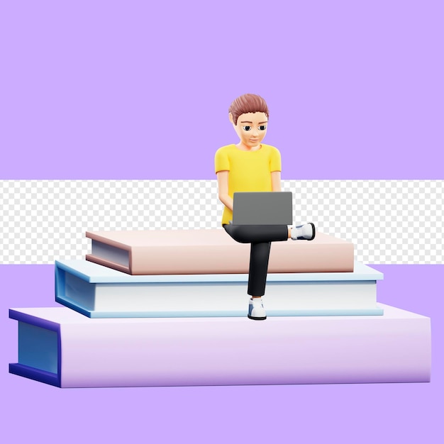 Ilustración rasterizada de un hombre sentado en una pila de libros y estudiando en una computadora portátil. Un joven con una camiseta amarilla lee libros electrónicos de educación a distancia, libros electrónicos de aprendizaje en 3D, obras de arte para negocios.