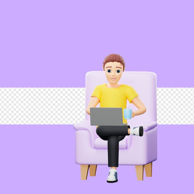 Ilustración rasterizada de un hombre sentado en el sillón de pie a pie en la computadora y bebiendo bebidas calientes Un joven con una camiseta amarilla se sienta en las redes sociales de una computadora portátil, navega por Internet en 3D