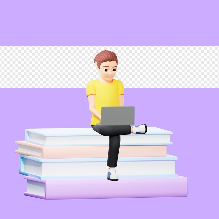 PSD ilustración rasterizada de un hombre sentado sobre una pila de libros y estudiando en una computadora portátil. un joven con una camiseta amarilla lee un libro electrónico sentado pie a pie, educación a distancia, libro electrónico de aprendizaje en 3d, ilustraciones