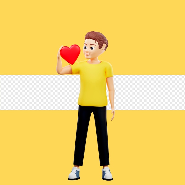 Ilustración rasterizada de un hombre sosteniendo un corazón A un joven con una camiseta amarilla le gusta la relación amorosa, la simpatía de la pareja, el día de San Valentín, ilustraciones en 3D para negocios y publicidad