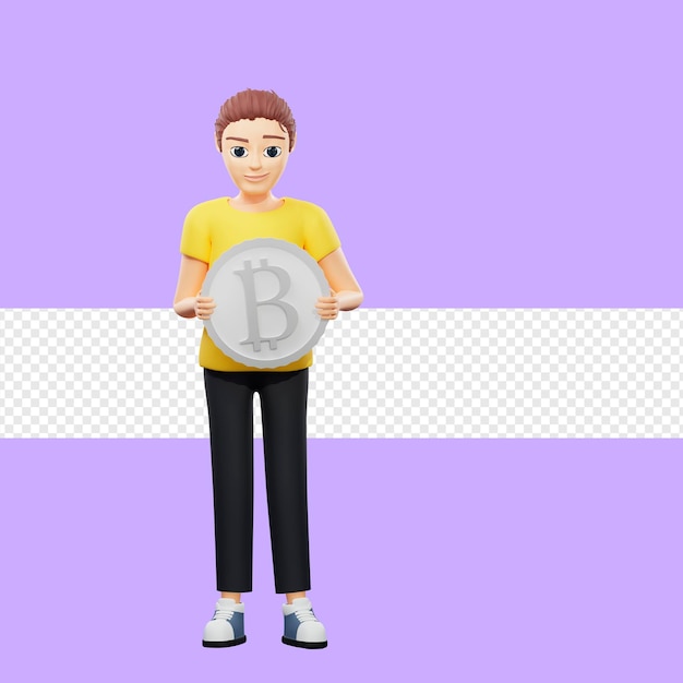 Ilustración rasterizada de un hombre sosteniendo un gran bitcoin Un joven con una camiseta amarilla sostiene criptomonedas, comercio en efectivo, banca por Internet, pago, compras, representación 3d, obras de arte para negocios