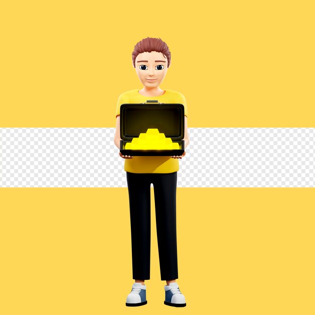 Ilustración rasterizada de un hombre sosteniendo oro Joven con una camiseta amarilla sosteniendo un estuche lleno de lingotes de oro ingresos monetarios ganancias profesionales representación 3d de obras de arte para negocios y publicidad