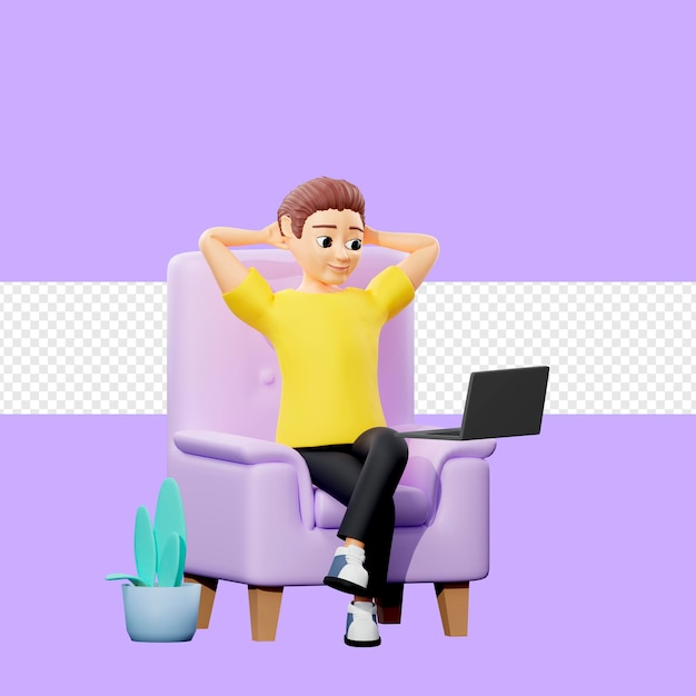 Ilustración rasterizada de un hombre trabajando en una silla un joven con una camiseta amarilla se sienta en el teléfono relaja las redes sociales, navega por internet concepto de relajación, ilustraciones en 3d para negocios