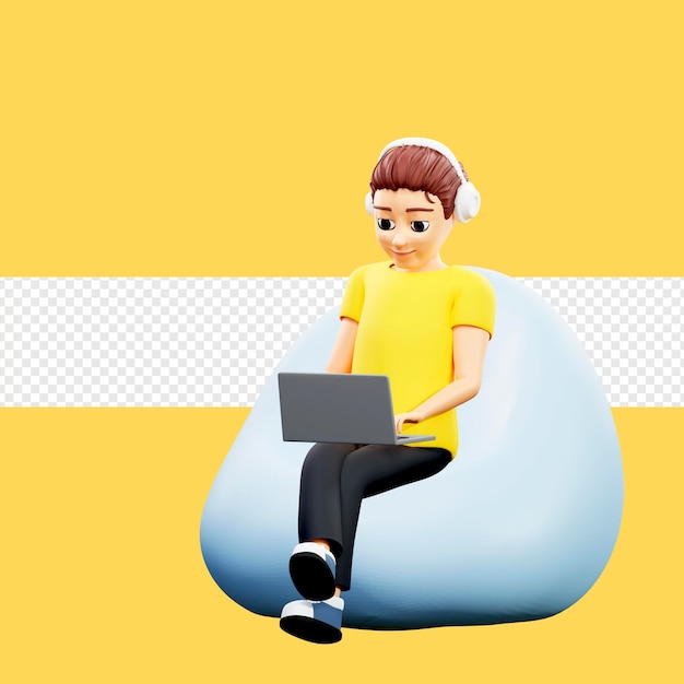 Ilustración rasterizada de un hombre viendo videos en una computadora Un joven con una camiseta amarilla se sienta en una silla con auriculares y un teléfono con ilustraciones en 3D para negocios y publicidad