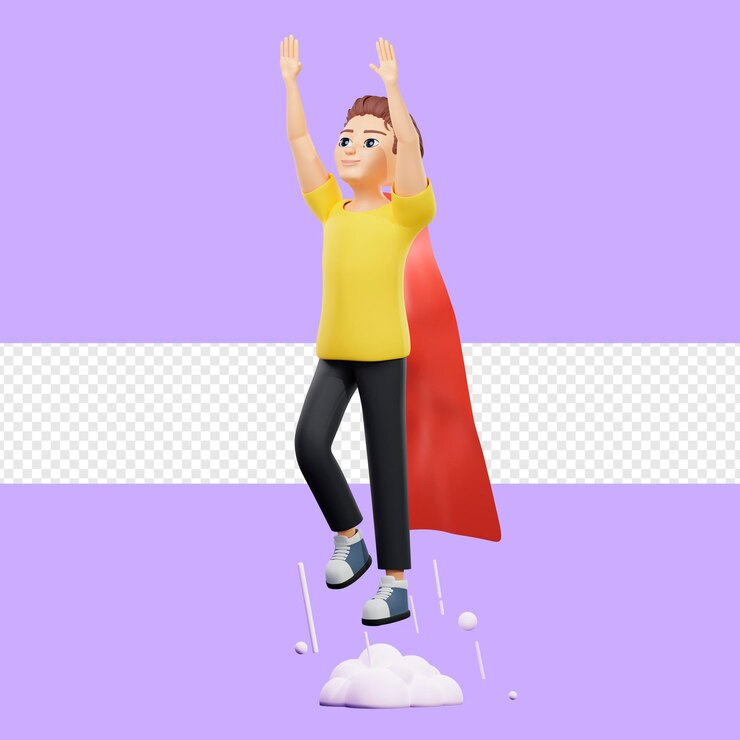 PSD ilustración rasterizada del hombre vuela a la cima como un superhéroe joven con una camiseta amarilla y una capa roja con las manos levantadas despega inspiración pensamiento innovador y creativo renderizado 3d