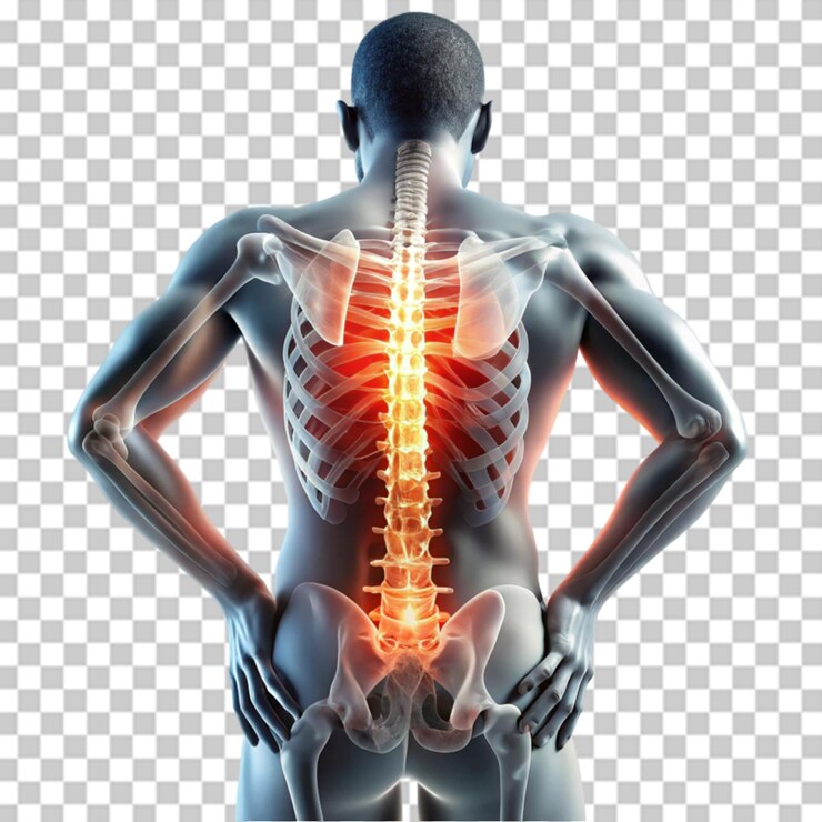 PSD ilustración de rayos x médicos en 3d de dolor de espalda masculino en un fondo transparente