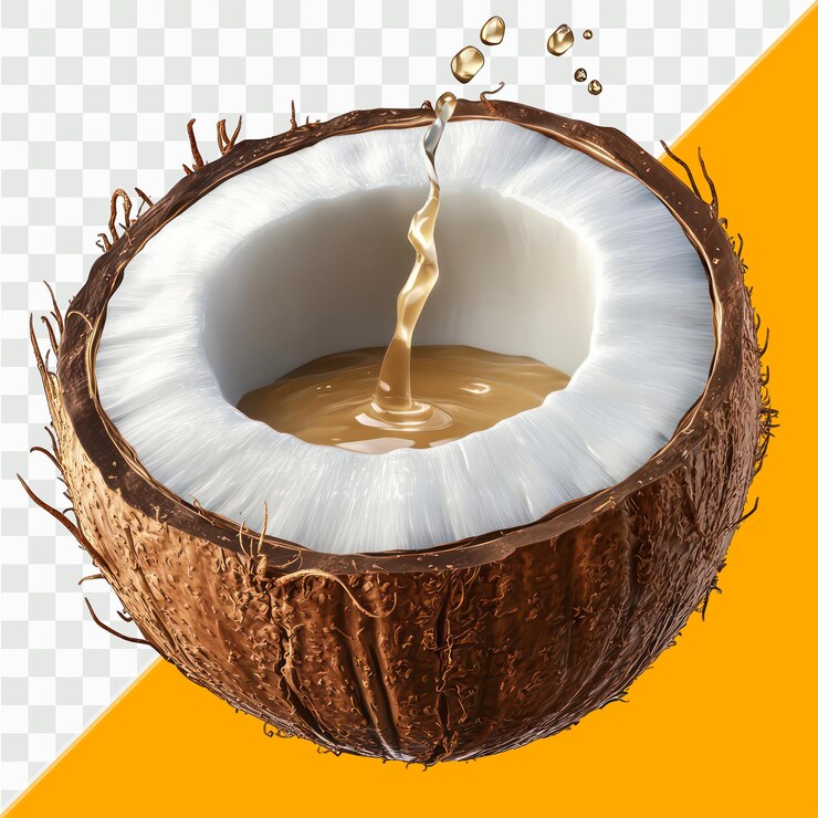 PSD ilustración realista de un coco abierto con interior blanco y cáscara marrón blanca