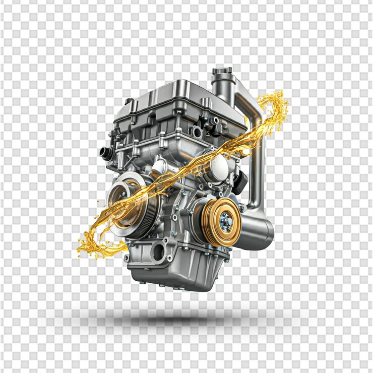 una ilustración realista de un motor de coche con una cinta de oro en su png aislado en fondo blanco
