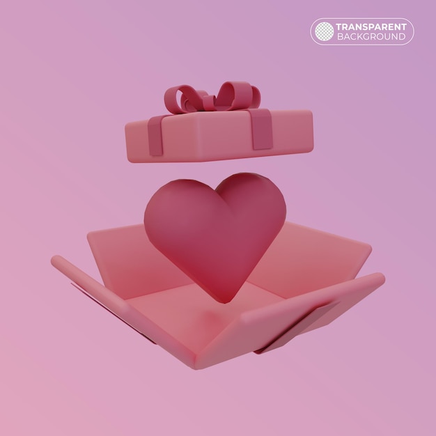 ilustración de un regalo rosa abierto sacando un corazón en 3D Render