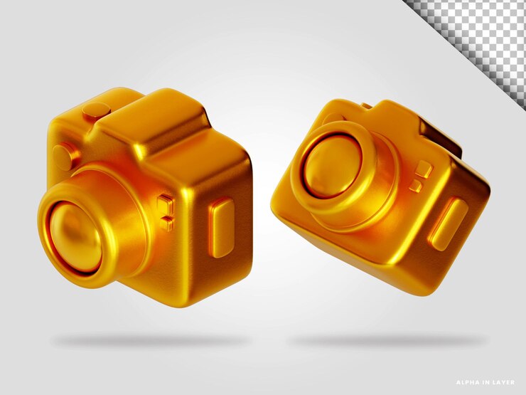 PSD ilustración de render 3d de cámara dorada aislada