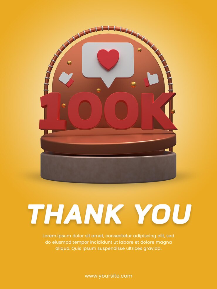 PSD ilustración de render 3d celebración de 100k seguidores con plantilla de diseño de cartel aislado de podio