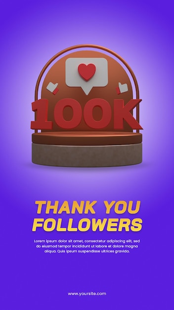 Ilustración de render 3d celebración de 100k seguidores con plantilla de historias de redes sociales aisladas de podio