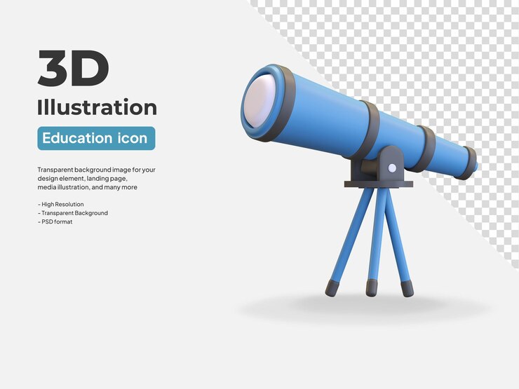 PSD ilustración de render 3d de icono de educación escolar de telescopio espacial