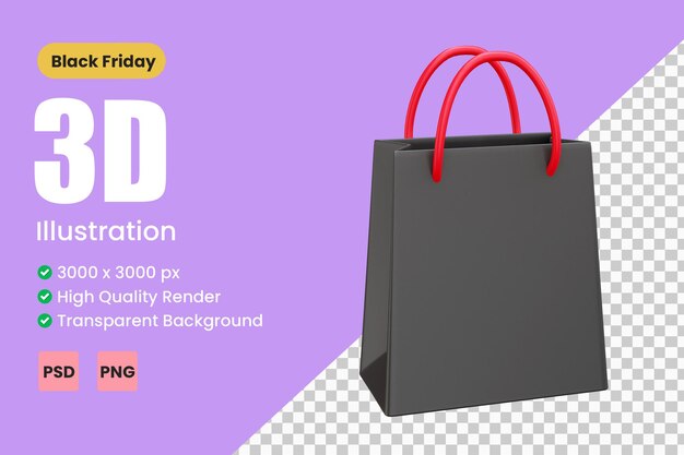 PSD ilustración de render 3d de viernes negro de bolsa de compras