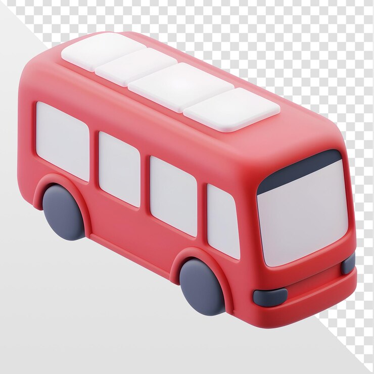 Ilustración de renderización en 3D del autobús de dibujos animados rojo