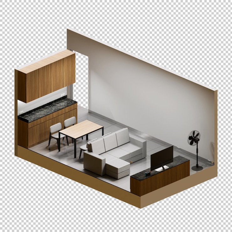 PSD ilustración de renderización 3d isométrica de la sala de estar