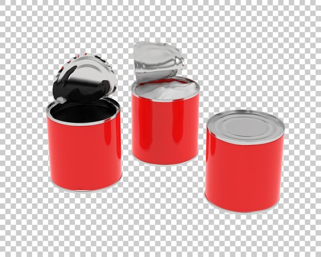 Ilustración de renderización 3D de latas abiertas aisladas sobre un fondo transparente