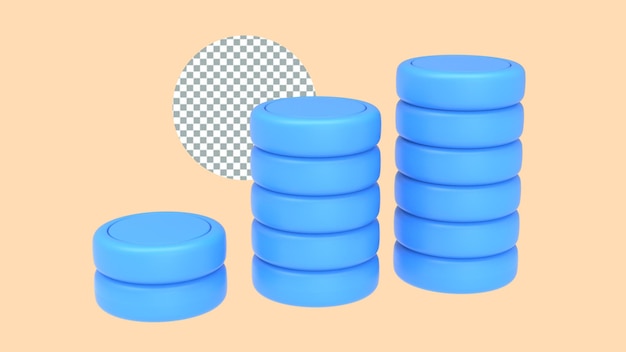 Ilustración de renderización 3D de monedas azules para el concepto de inversión de dinero comercial