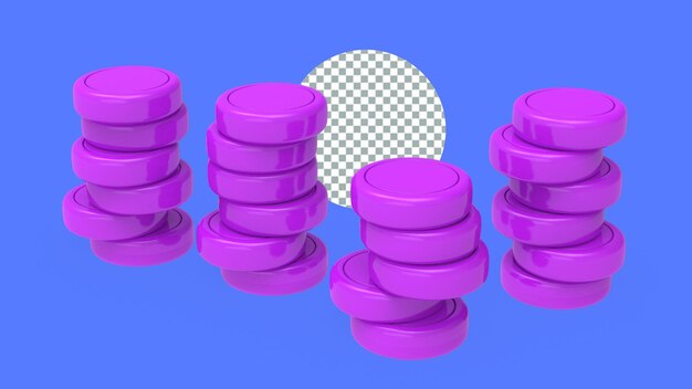 Ilustración de renderización 3D de monedas púrpuras para el concepto de inversión de dinero comercial