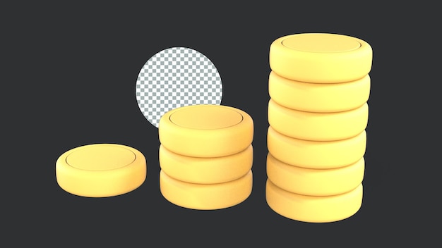 Ilustración de renderización 3D de pilas de monedas doradas amarillas para el concepto de inversión de dinero empresarial
