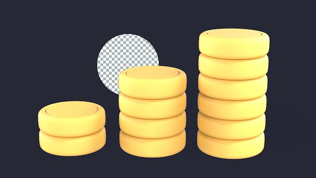 Ilustración de renderización 3D de pilas de monedas de oro para el concepto de inversión de dinero comercial