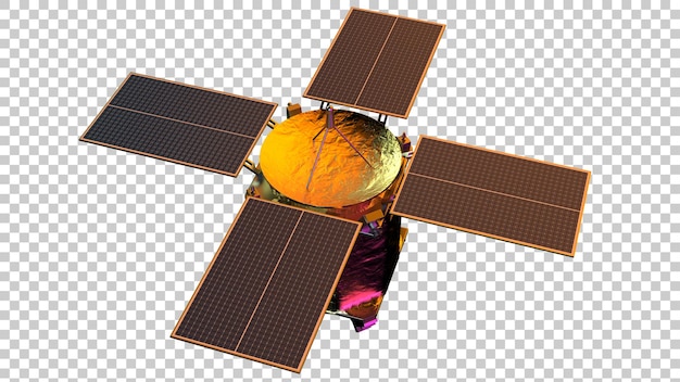Ilustración de renderización en 3D de un satélite aislado sobre un fondo transparente