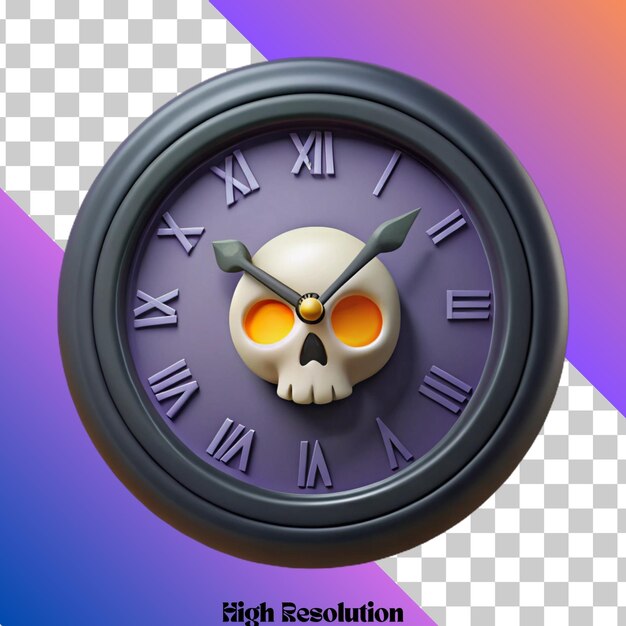 Ilustración renderizada en 3D del reloj del cráneo con fondo púrpura y gradiente