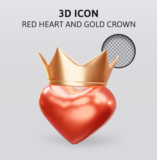 PSD ilustración de renderizado 3d de corona dorada y corazón rojo