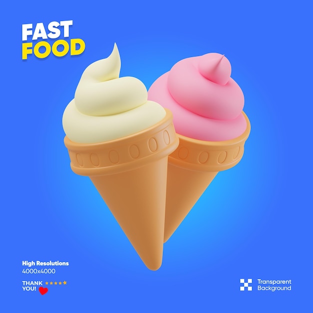 Ilustración de renderizado 3d del icono aislado del helado