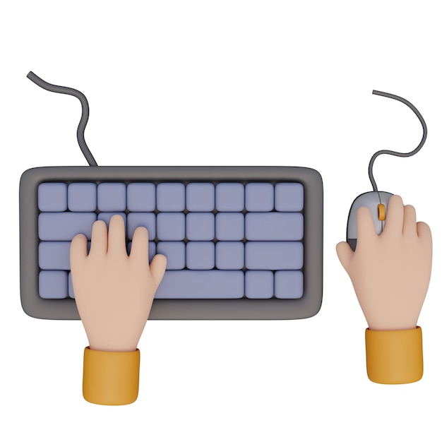 PSD ilustración de renderizado 3d de la mano humana escribiendo en el teclado de la computadora con un cable y la mano sosteniendo un ratón