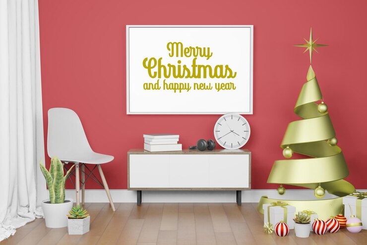 PSD ilustración de renderizado 3d de maqueta de cartel de marco en fondo interior moderno en tema de año nuevo de navidad