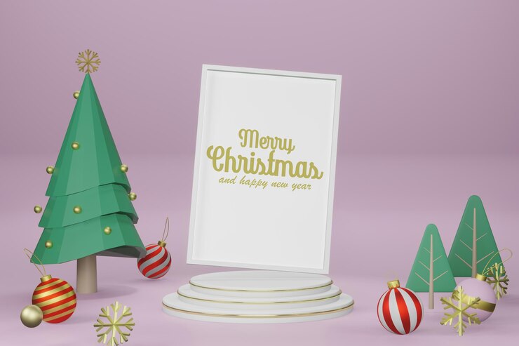 PSD ilustración de renderizado 3d de maqueta de cartel de marco en fondo interior moderno en tema de año nuevo de navidad