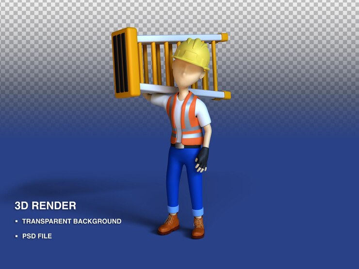 PSD ilustración de renderizado 3d trabajador de carácter lindo y llevar la escalera archivo psd