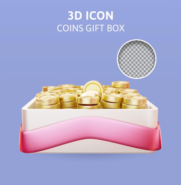 Ilustración de representación 3d de caja de regalo de monedas