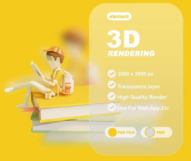 Ilustración de representación 3d jóvenes sentados relajados leyendo un libro