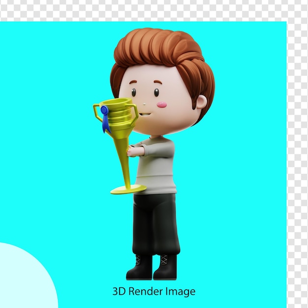 Ilustración de representación 3d de un niño sosteniendo un trofeo