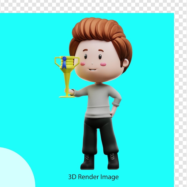 Ilustración de representación 3d de un niño sosteniendo un trofeo