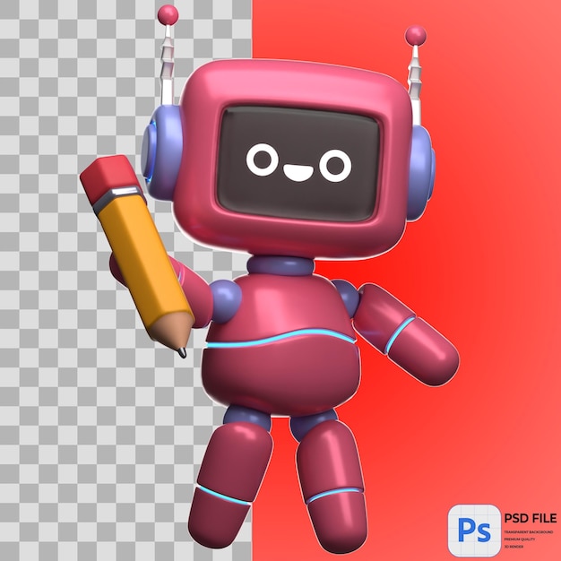 Ilustración del robot 3D que sostiene el lápiz Icono de renderización aislado PNG